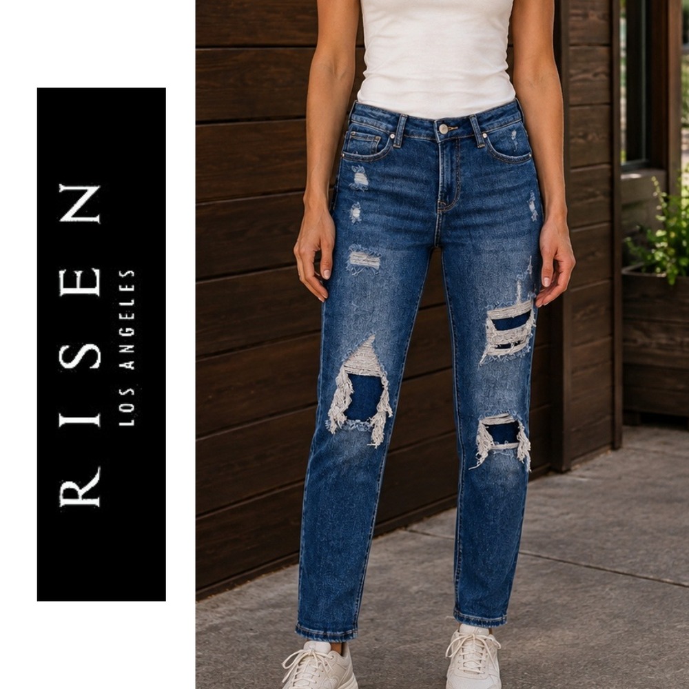 Risen, High Rise Distressed Patch Slim Straight Leg Denim Blue RDP5072 Size 26